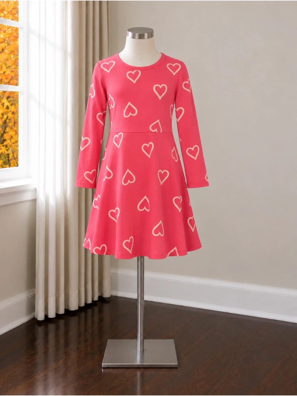 Old Navy Pink Heart Print Long Sleeve Skater Dress